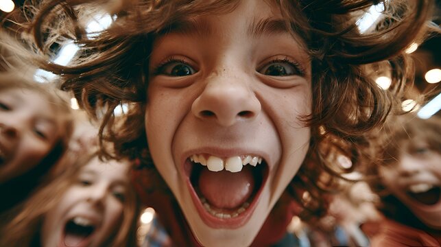 Joyful child with wide-open mouth shouting in excitement surrounded by laughing friends