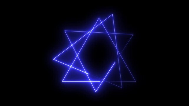 Neon glowing blue geometric star shape made of intersecting triangles on a black background
