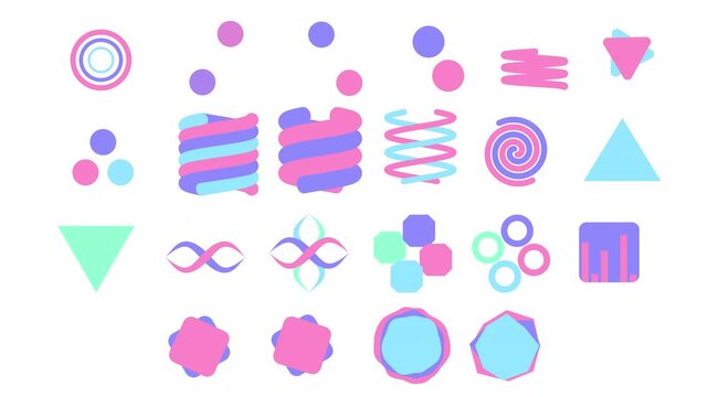 Several animated lotties of different shapes. White background. Loading icons.