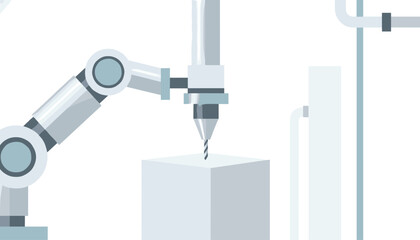 Naklejka premium Industrial robotic arm precision drilling into a solid white block in a manufacturing environment using automated mechanical technology.