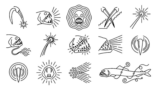 Collection of black and white line art icons featuring scary deep sea anglerfish and sharp monster teeth.