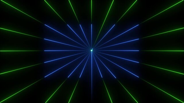 Abstract background with neon blue and green laser light rays forming a starburst pattern in a dark space