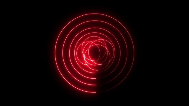 Abstract neon red glowing circles forming a spiral pattern on a black background