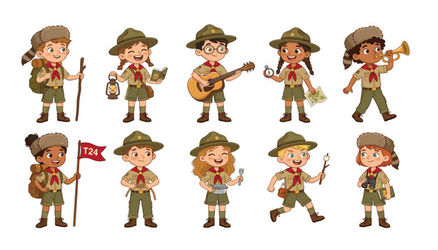 Cute cartoon scout children characters set doing outdoor activities camping hiking playing guitar and exploring nature in uniform