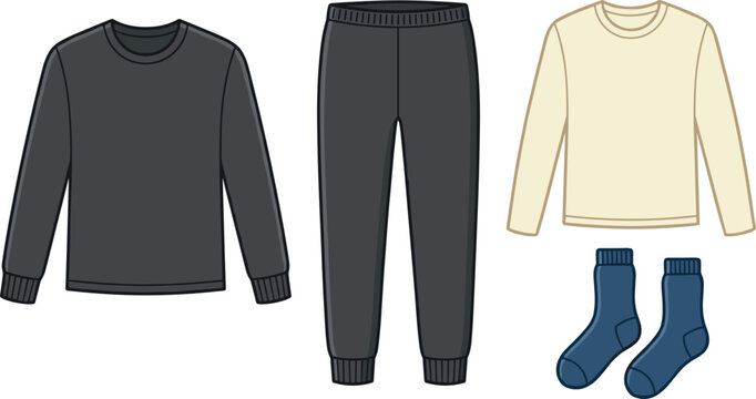 Comfortable Loungewear and Sleepwear Clothing Icon Set with Long Sleeve Shirts Sweatpants and Socks Vector Graphic Designs