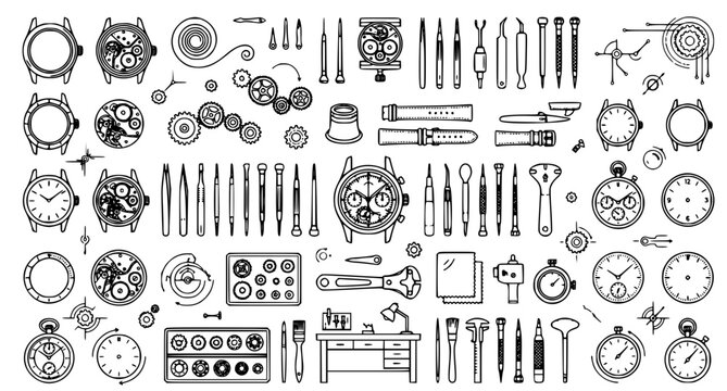 Detailed watch components and tools sketch collection for horology and repair professionals