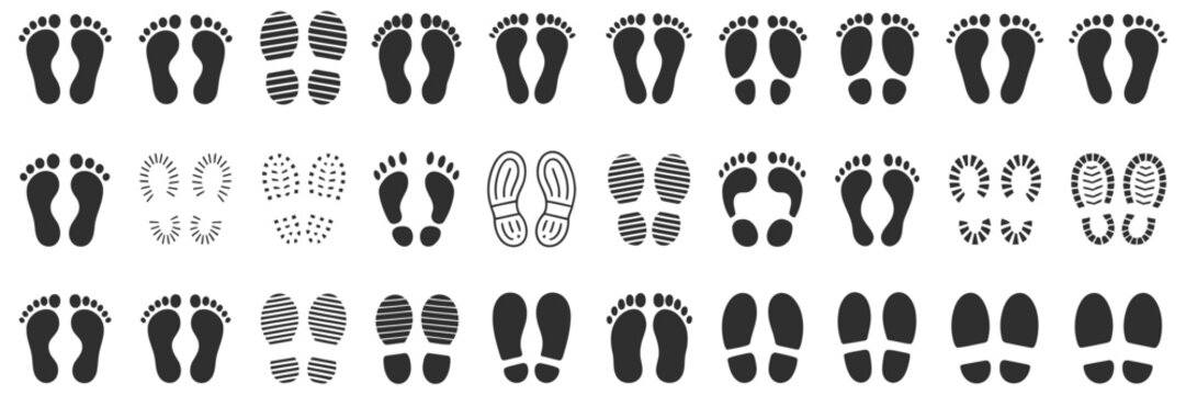 Human Footprints Icon featuring foot imprints, footsteps, barefoot, sneaker, shoe silhouettes, and clean isolated vector illustrations.