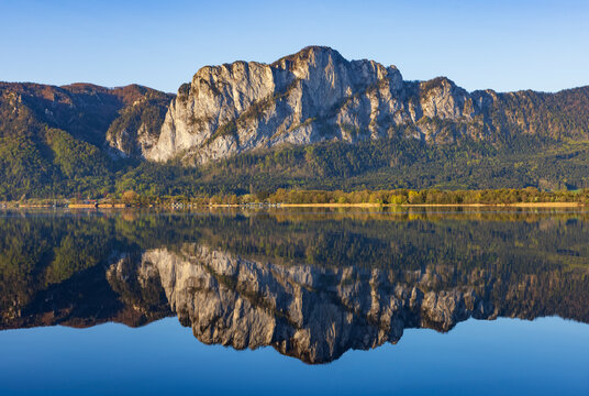 Majestic rocky mountain reflecting perfectly in a calm blue lake