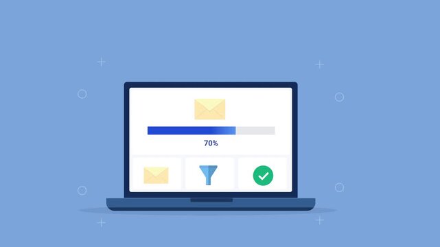 Modern flat vector animation of a laptop displaying an email dashboard with inbox, message filtering, status indicator, and progress bar. Ideal for email management, communication, software, and web t