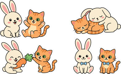 Naklejka premium Cute Kawaii Cartoon Bunny and Ginger Cat Vector Illustration Set Featuring Adorable Best Friends Playing Sleeping and Sharing a Carrot