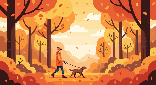 Man walking his dog on a leash in an autumn forest.