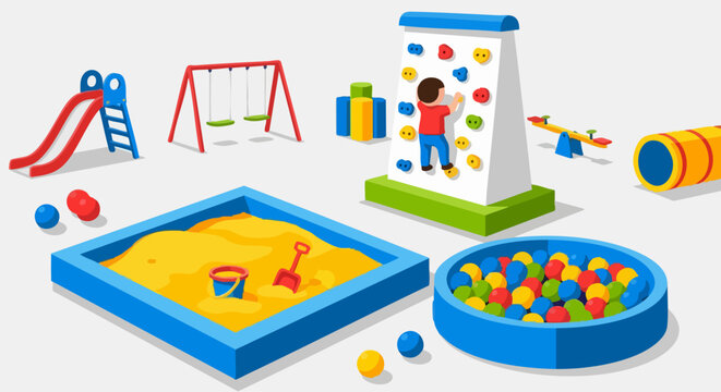 Colorful Playground Equipment Set with Slide, Swings, Climbing Wall, and Sandbox.