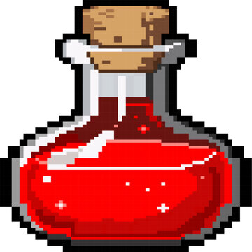 Pixel art poison bottle icon isolated on white background atau Retro 8-bit magic poison potion vector illustration