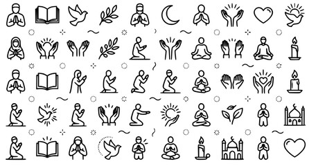 Fototapeta premium Minimalist line art icons depicting various religious and spiritual symbols and practices