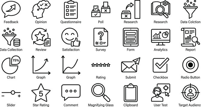 Set of survey, feedback, and data analysis line icons including opinion, questionnaire, poll, research, data collection, review, satisfaction, analytics, and chart.