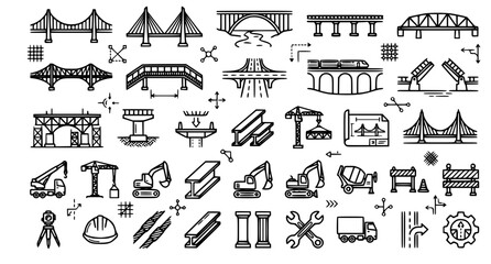 Civil engineering line art collection bridges construction infrastructure and heavy machinery illustrations © TOHURA