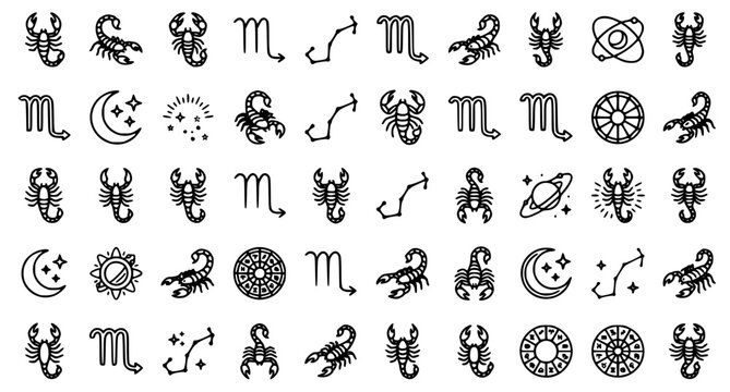 Scorpio zodiac collection black line art icons featuring scorpions planets and celestial symbols