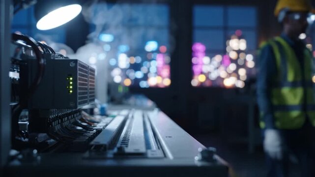 A Close-Up Look at Advanced Technology: Industrial Machine with Illuminated Controls Against a Night Cityscape Full of Colorful Bokeh Lights