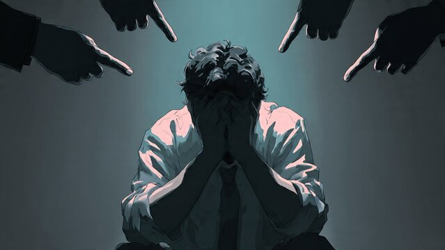 Man covering his face, surrounded by multiple disembodied hands pointing at him from all directions. It visually represents themes of social pressure, bullying, and overwhelmi