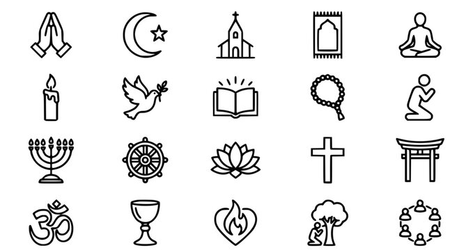 Diverse religious symbols and icons for various faiths and spiritual practices
