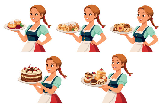 Vsai dirndl girl serving traditional german pastries and desserts