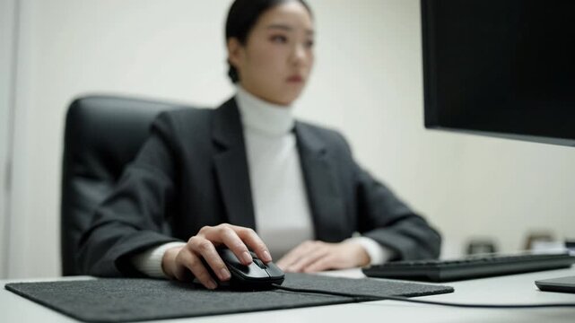 Focused Professional at Work: A Woman in Business Attire Using a Computer Mouse in a Modern Office Environment with a Concentrated Expression