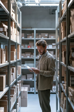 Man stands in warehouse aisle, reading document