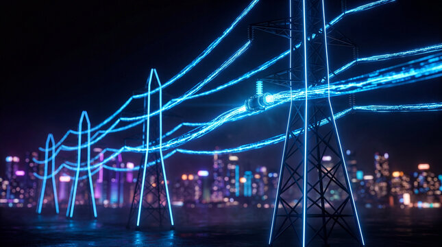 Neon lit transmission tower electric power line blue glow night city steel pylon high voltage energy grid urban skyline cable system illuminated wire