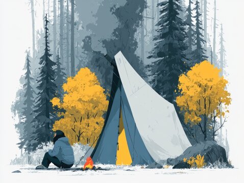 Camping tent in forest with campfire illustration