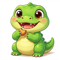 Fototapeta premium Cute Baby Crocodile Eating Food in 3D Cartoon Style Isolated on White Background