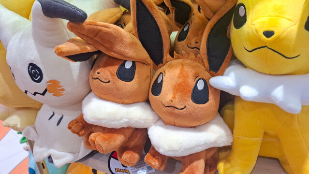 Official Nintendo Pokemon plush toys featuring Eevee Mimikyu and Jolteon characters on June 13, 2026 in Bangkok, Thailand