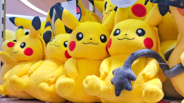 Official Nintendo Pokemon Pikachu plush toys lined up on a retail store shelf display on June 13, 2026 in Bangkok, Thailand
