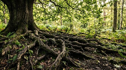 Fototapeta premium Massive Oak Tree Roots Spread Across Forest Floor