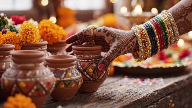 Close up of an Indian bride with mehndi hands and colorful bangles placing traditional decorated clay karwa pots.