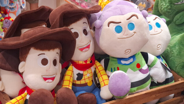Cute soft plush dolls of Toy Story characters Woody and Buzz Lightyear displayed on June 9, 2026 in Bangkok, Thailand