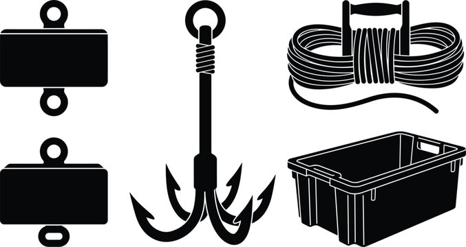 Marine and Industrial Equipment Icon Set with Grappling Hook Anchor Rope Plastic Crate and Heavy Weight Silhouette Designs