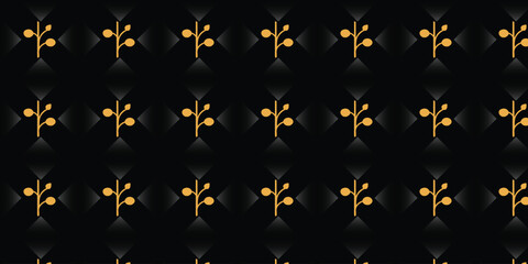 Seamless luxury golden leaf pattern with repeating round berry twig branches and glowing light on black background. © Shofikul islam