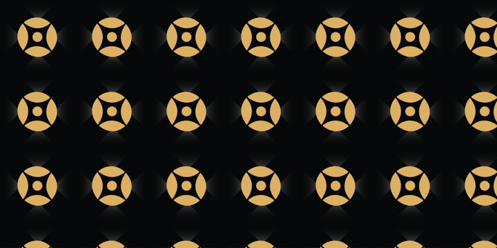 Seamless luxury golden geometric pattern with repeating circular coin seal ornaments and glowing light on black background.