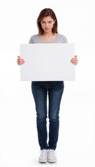 Fototapeta premium Woman Holding Blank White Sign Isolated on Pure White Background