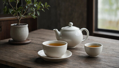 Fototapeta premium A realistic and atmosphere photo, no people, just clean white cups of tea and white teapot