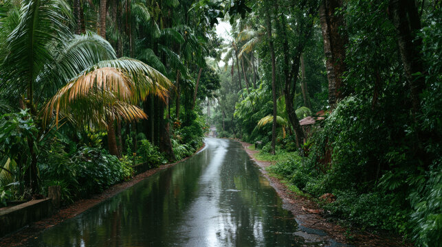 Rain drips softly off lush green palms