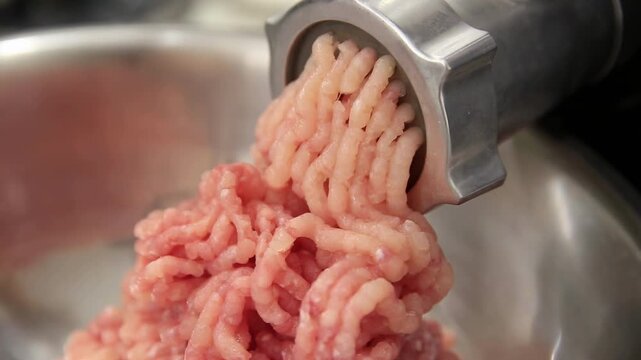 Detailed view of fresh raw ground meat emerging from a metal grinder mechanism, forming a heap in a stainless steel bowl, preparation of ingredients for cooking, close-up food process