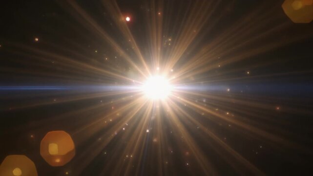 黒背景の中心から放射状に広がる光のバーストとレンズフレアの映像