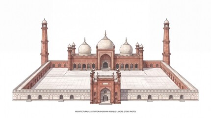 Obraz premium Mughal architecture illustration of Badshahi Mosque, red sandstone Islamic landmark with white marble domes, historic religious monument on white background