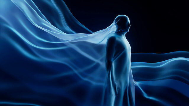 Futuristic human silhouette with neural network connections and digital binary code abstract background