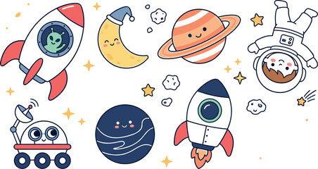 Cute Outer Space Vector Icon Set Featuring Cartoon Astronaut, Rocket Ship with Alien, Smiling Planets, Moon, and Rover for Nursery Kids Graphic Designs © Shareful