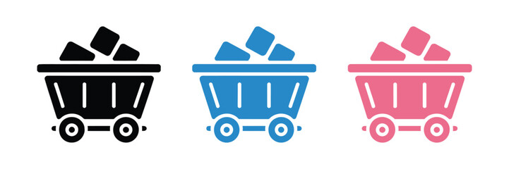 Mine cart icons with colorful mineral loads, mining industry transport wagons, coal, ore, excavation equipment, isolated vector design © LEECOO