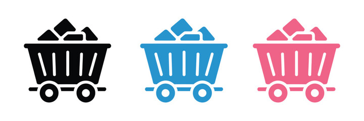 Mine cart icons with colorful mineral loads, mining industry transport wagons, coal, ore, excavation equipment, isolated vector design © LEECOO