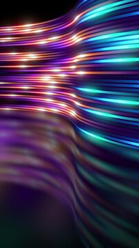 Neon 3D seamless loop. Curved wall of lines in motion, abstract background with copy space. Glowing stripes. Technology theme. Vertical video.