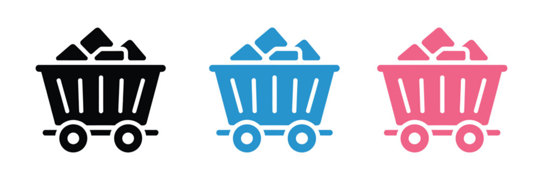 Mine cart icons with colorful mineral loads, mining industry transport wagons, coal, ore, excavation equipment, isolated vector design